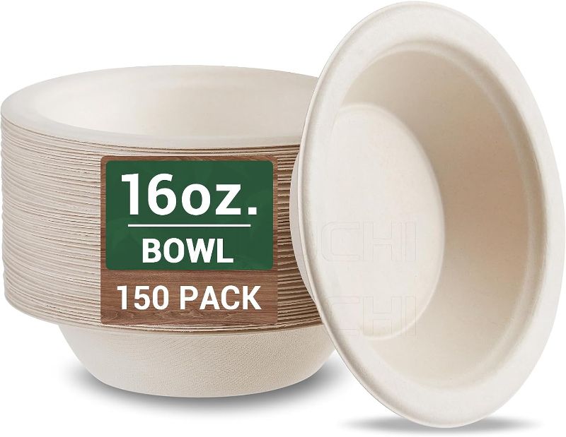 Photo 1 of 100% Compostable Paper Bowls 16 oz Disposable 150 Pack, Made of Natural Bagasse, Biodegradable Paper Bowls Disposable Heavy Duty, Eco-Friendly Disposable Bowls Bulk for Party and Daily Diet 