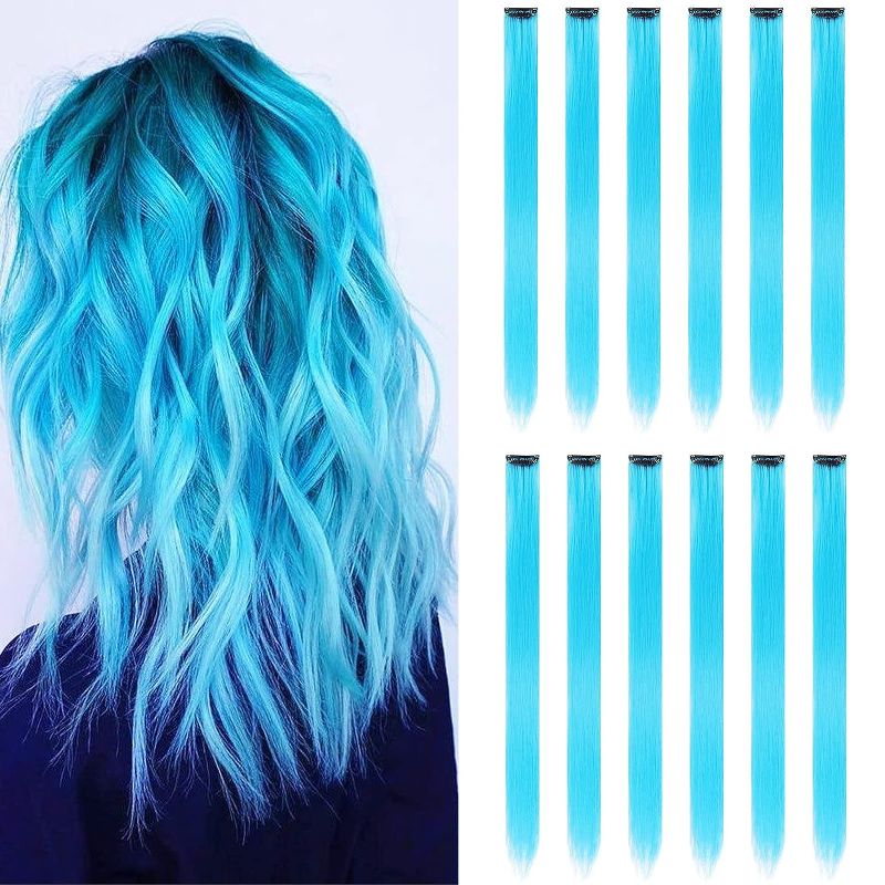 Photo 1 of 12PCS Colored Sky Blue Hair Extensions Party Highlights Colorful Clip in Hair Extensions 22 Inch Straight Synthetic Hairpieces for Women Kids Girls Halloween Christmas Cosplay(Sky Blue) 2 pack