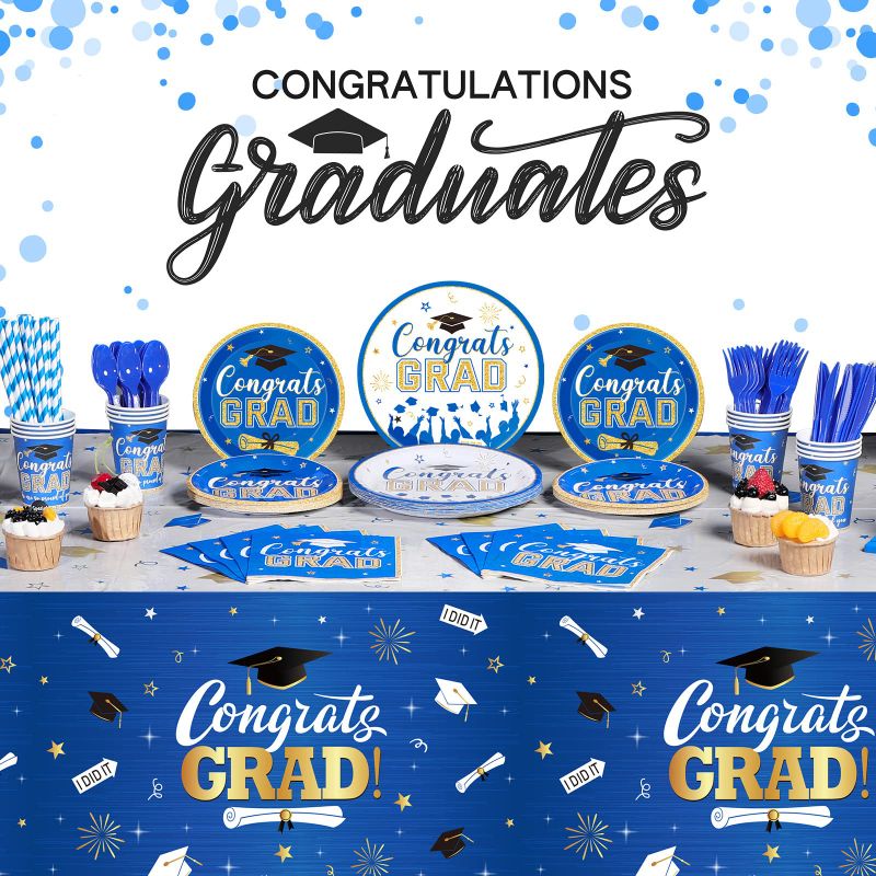 Photo 1 of 193 Pcs Graduation Party Supplies Set Grad Decoration Congrats Class of 2023 Graduation Tablecloth and Cups Plates Napkins Silverware for Event Celebration Party Supply, Serves 24 (Blue and Gold)