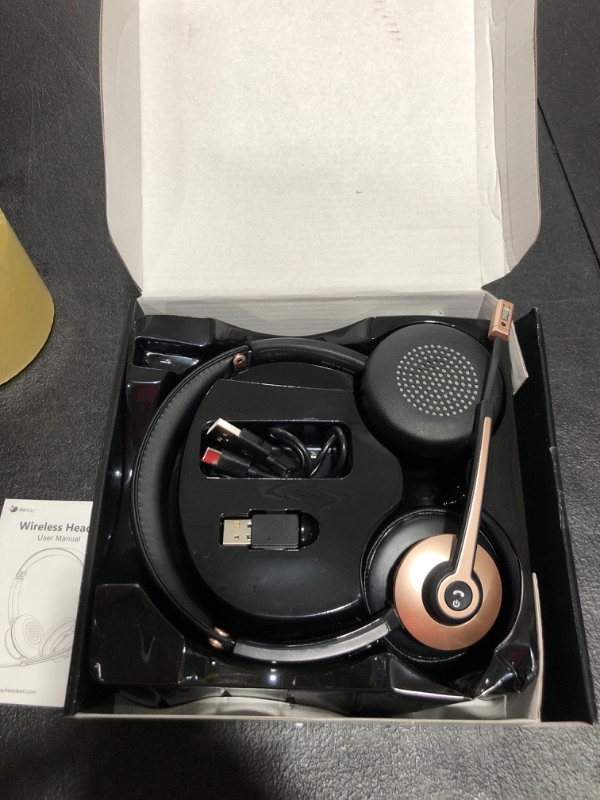 Photo 2 of Bluetooth Headset with Microphone, Wireless Headset with Noise Cancelling Mic, On Ear Headphone with USB Dongle & Mute Button, 26hrs Talk time for PC/Office/Zoom/Skype Rose Gold