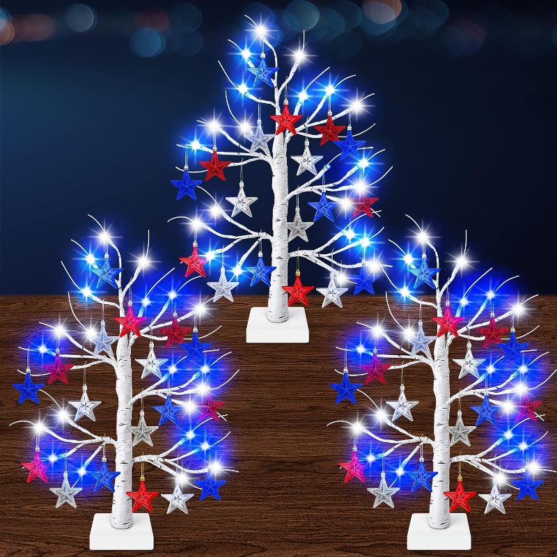 Photo 1 of 3 Pack Birch Tree with LED Lights, 24 Inches Independence Day Tabletop Lighted Birch Tree with Star Ornaments & Timer Function for July 4th Memorial Day Veterans Day Fireplace Table Decoration Decor
