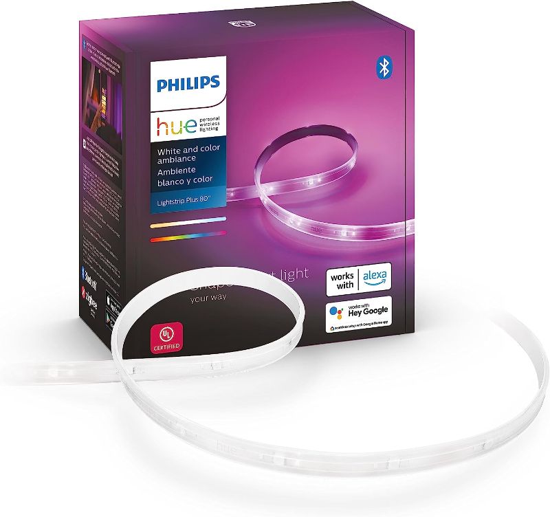Photo 1 of Philips Hue Bluetooth Smart Lightstrip Plus 2m/6ft Base Kit with Plug, (Voice Compatible with Amazon Alexa, Apple Homekit and Google Home), White
