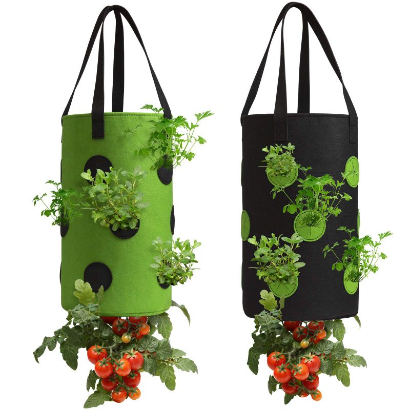 Photo 1 of 2 Pack Black and Green Upside Down Tomato & Herb Planter, Hanging Durable Aeration Fabric Strawberry Planter Bags Set of 2 - Black and Green