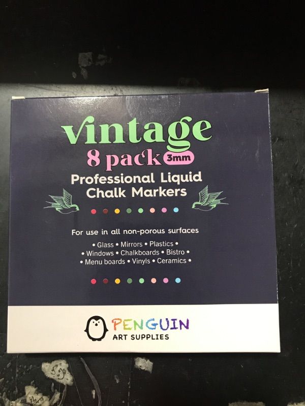 Photo 2 of PENGUIN ART SUPPLIES Liquid Chalk Markers, Set of 8-3mm Fine Tip Chalkboard Markers with 24 Chalk Stickers - Colored Chalk Erasable Pen with Reversible Tip for Glass, White board, and Chalkboard 1 Count (Pack of 1) Vintage