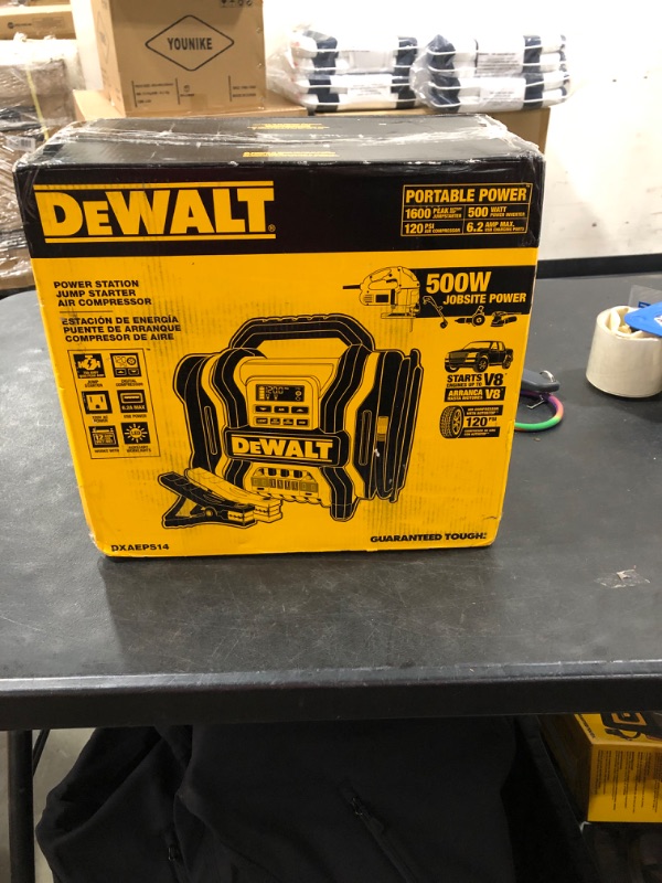 Photo 2 of DEWALT DXAEPS14 1600 Peak Battery Amp 12V Automotive Jump Starter/Power Station with 500 Watt AC Power Inverter, 120 PSI Digital Compressor, and USB Power , Yellow