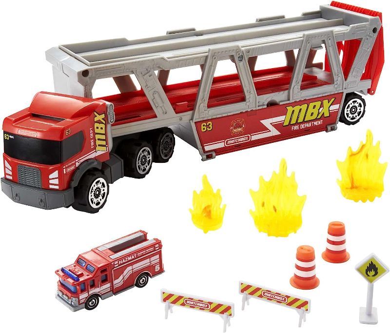 Photo 1 of ?Matchbox Fire Rescue Hauler Playset Themed Hauler with 1 Fire-Themed Vehicle, Holds 16 Cars, Easy-Release Ramp, 8 Accessories & Storage, for 3 & Up [Amazon Exclusive]