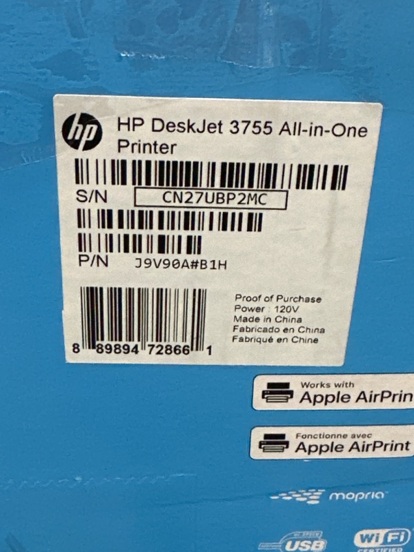 Photo 6 of HP DeskJet 3755 Compact All-in-One Wireless Printer - Blue Accent (J9V90A) 