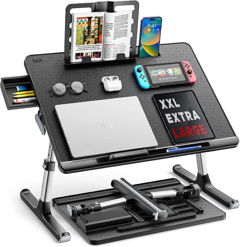 Photo 1 of Adjustable Bed Desk for Laptop, Lap Desk for Laptop, Extra Large Super Stable Foldable Laptop Stand with Drawer for Eating, Working, Writing, Gaming, Drawing(Black)(Stock picture Only Refence) 