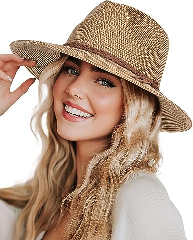 Photo 1 of FURTALK Sun Hats for Women Summer Wide Brim UV UPF 50+ Panama Fedora Foldable Packable Straw Beach Hat 