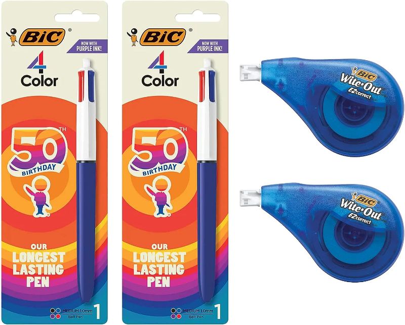 Photo 1 of BIC Medium Point Ball Pen, 4 Colors, Assorted Ink and Wite Out Correction Tape - Bundle (Pen 2-Count, Wite Out 2-Count) 