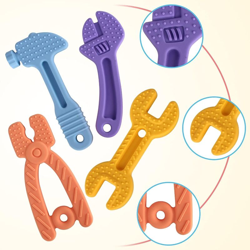 Photo 1 of 4 Pack Soft Silicone Teething Toys for Toddlers Infant Hammer Spanner Wrench Pliers Tools Shape Baby Teethers Relief Soothe Babies Gums Set (Hammer Set)