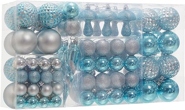 Photo 1 of 124 Pcs Christmas Ball Ornaments Set, Shatterproof Christmas Balls Decorations, Assorted Decorative Hanging Christmas Tree Ornaments Baubles for Party Holiday Decor (Light Blue & Silver)
