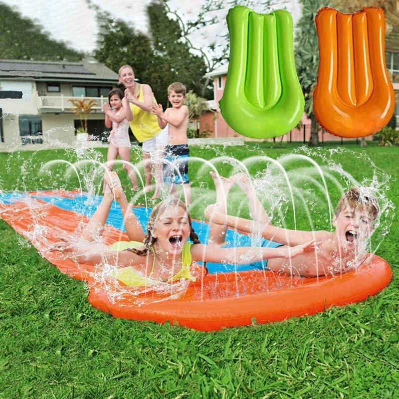 Photo 1 of ANGELGGH Inflatable Slide Blow Up Water Toys for Garden Lawn Outdoors, Water Slip Racing Lanes Splash Pool for Kids and Adults Backyard (Blue)