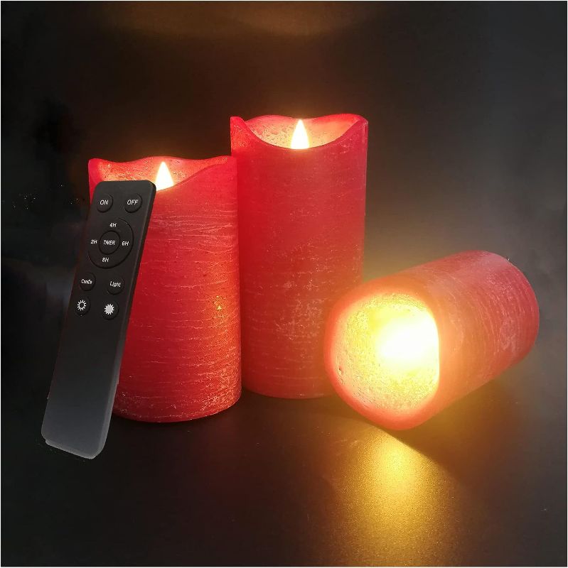 Photo 1 of 3 Pack Real Wax Flameless Candles Battery Operated LED Pillar Flickering Realistic Electric Candle Gift Sets with Remote Control and Cycling 24 Hours Timer for Home Decor 3”D X 4"5"6"H (Red) 