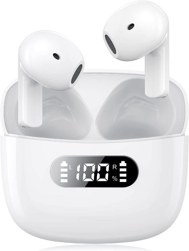 Photo 1 of Bluetooth Headphones Wireless Earbuds for iPhone/Android, Noise Cancelling & Touch Control Bluetooth 5.2 Earphones with Charging Case Compatible with iPhone 14/13/12/11/SE/X/8/7/iPad/Android - White
