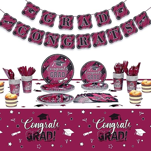 Photo 1 of 2023 Graduation Party Supplies 24 Guests Congrats Decorations Disposable Paper Plates Napkins Cups Knives Spoons Forks Banner Plastic Tablecloth for College School Graduation Dinnerware (Maroon)
