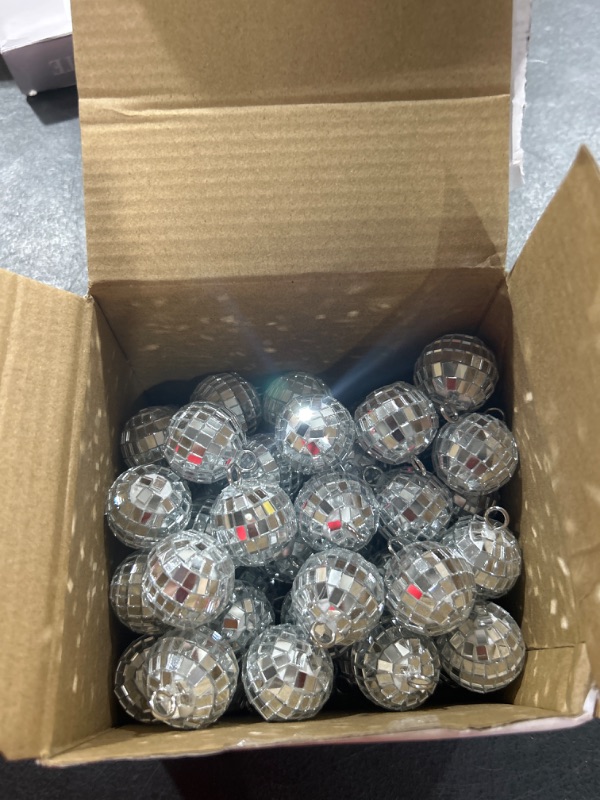 Photo 2 of 50 Pcs Disco Balls Ornaments Mini Disco Balls Silver Hanging Decorations Reflective Mirror Ball Cake Decoration 70s Disco Party Supplies for Christmas Festive (1.2 Inch)