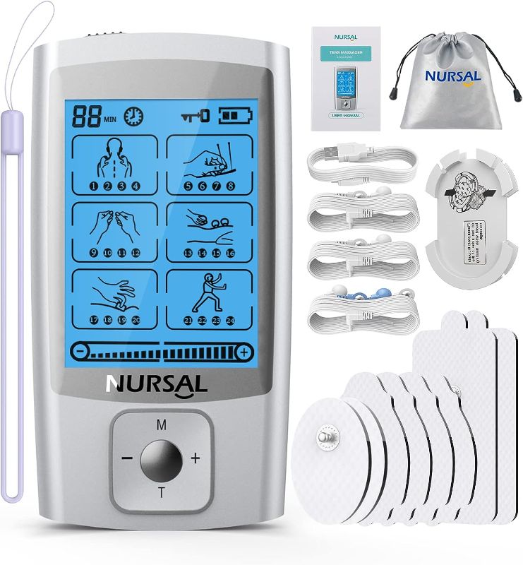 Photo 1 of NURSAL 24 Modes TENS Unit Muscle Stimulator with Continuous Stimulation, Rechargeable Electronic Pulse Massager with 8 Pads for Back and Shoulder Pain Relief and Muscle Strength