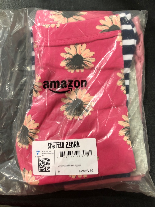 Photo 2 of Amazon Essentials Girls and Toddlers' Cropped Capri Leggings Multipacks 4 Grey/Navy Stripe/Light Pink/Rose Flowers Medium 