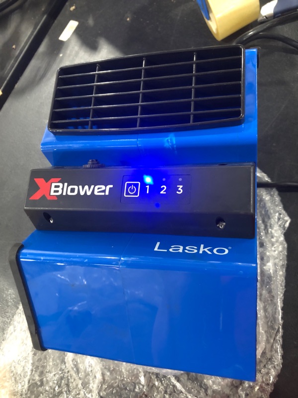 Photo 3 of Lasko X-Blower 6 Position High Velocity Pivoting Utility Blower Fan for Cooling, Ventilating, Exhausting and Drying, 3 Speeds, AC Outlet, Circuit Breaker with Reset, USB Port, 11", Blue, X12905
