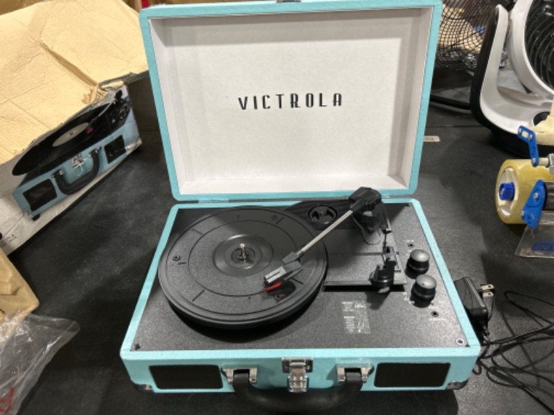 Photo 3 of Victrola Vintage 3-Speed Bluetooth Portable Suitcase Record Player with Built-in Speakers | Upgraded Turntable Audio Sound| Includes Extra Stylus | Turquoise, Model Number: VSC-550BT