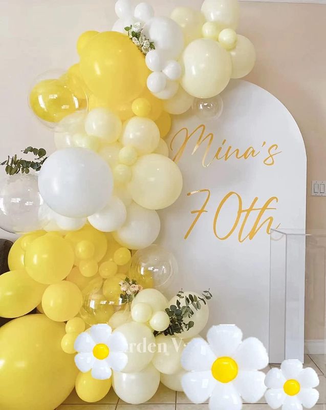 Photo 1 of 146pcs Yellow and White Flowers Balloon Garland DIY Kit for for 1st birthday Sunshine Lemon Daisy Honeybee Popcorn Spring themed Baby Shower Birthday Party Decorations