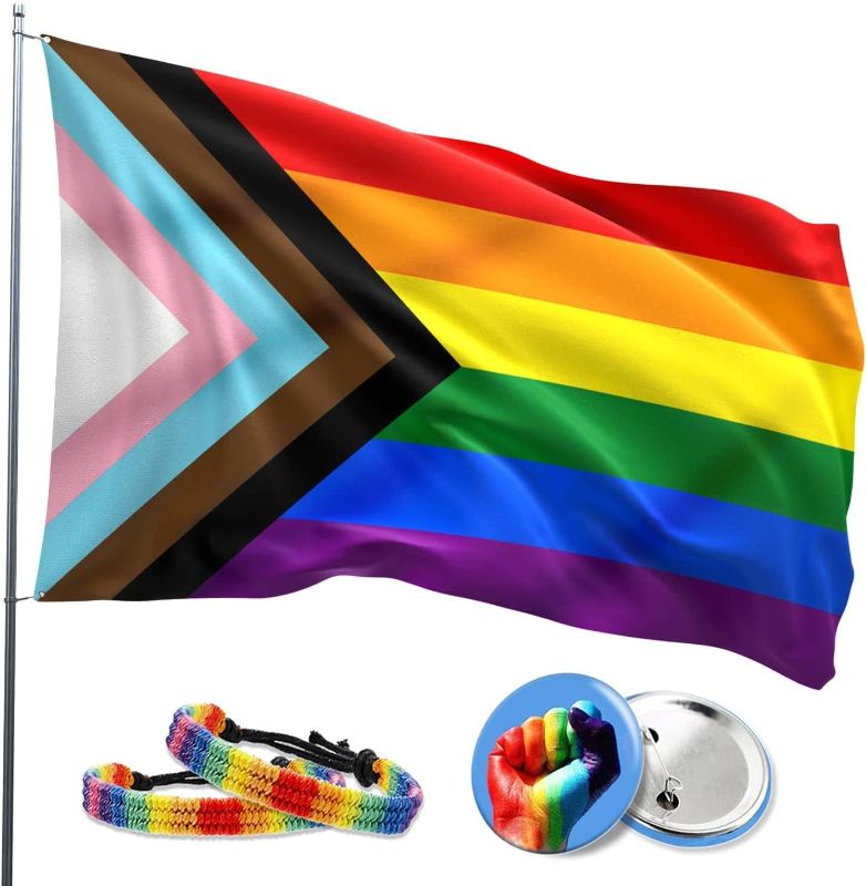 Photo 1 of 
Pride Flag Outdoor, Progress Pride Rainbow Garden Flag 3x5 ft - LGBTQ Lesbian Gay Transgender with 2 x LGBT Pride Badge, 2 x Rainbow Pride Bracelets