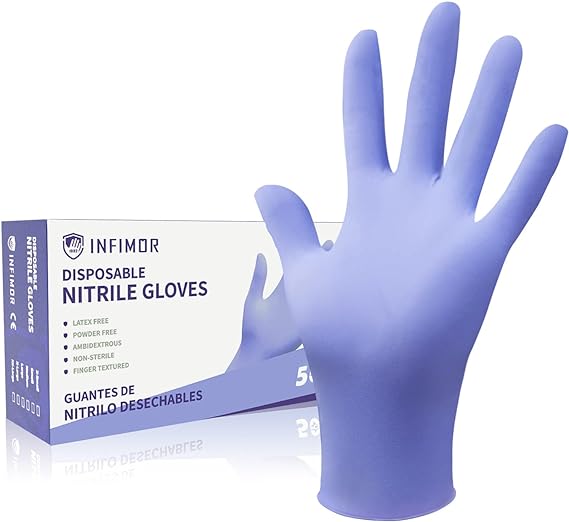 Photo 1 of XL Infimor Gloves Nitrile Disposable Latex Free, 4 mil Powder Free Food Grade, Fingertips Textured Cleaning Supplies 50Pcs XL
