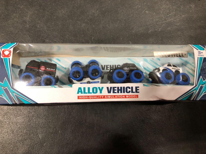 Photo 2 of SEESWELL Pull Back Die-cast Alloy City Police Car Vehicles Playset, Monster Truck,Friction Powered Toy Cars,4 Pack,Toys for 3+ Years Old Kids,Christmas/Birthday Gift for Boys & Girls,Party Favors… City Police Car Blue