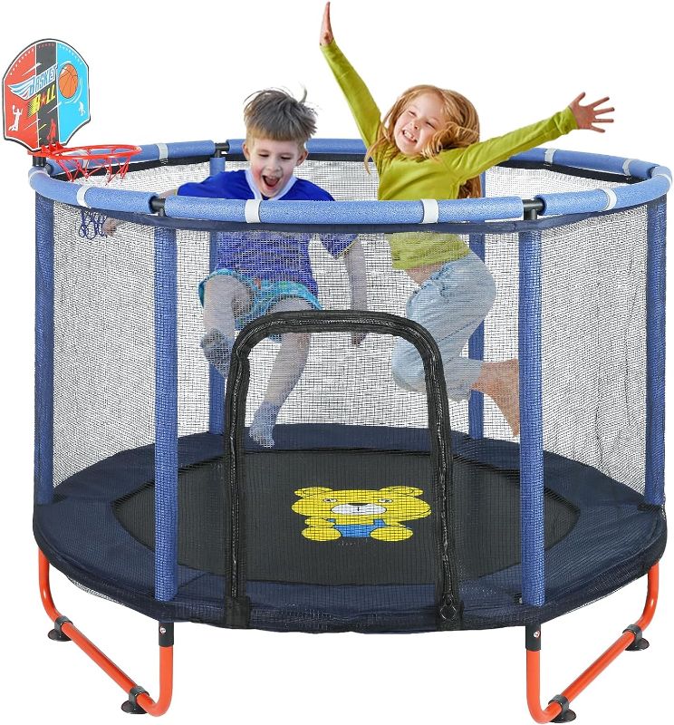 Photo 1 of HOEE Trampoline for Kids with Safety Enclosure Net & Basketball Hoop, Indoor/Outdoor Trampoline for Toddlers, Recreational Trampoline Birthday Gifts for Children, Age 1-8