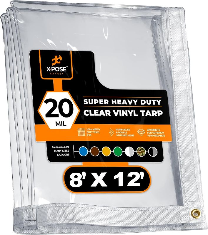 Photo 1 of 8' x 12' Clear Vinyl Tarp - Super Heavy Duty 20 Mil Transparent Waterproof PVC Tarpaulin with Brass Grommets - for Patio Enclosure, Camping, Outdoor Tent Cover, Porch Canopy - by Xpose Safety