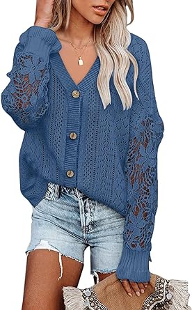 Photo 1 of Crochet Lace V Neck Long Sleeve Hollow Out Cable Knit Cardigan for Women Sweaters Tops
size 2XL