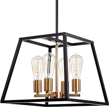 Photo 1 of ACLand 4-Light Chandelier Industrial Farmhouse Kitchen Island Pendant Light Fixture with Metal Frame in Matte Black and Polished Brass Finish for Living & Bedroom, Bar, Dining Room, Restaurant