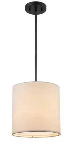 Photo 1 of 10 in. 1-Light Black Drum Pendant Light Fixture with Linen Shade