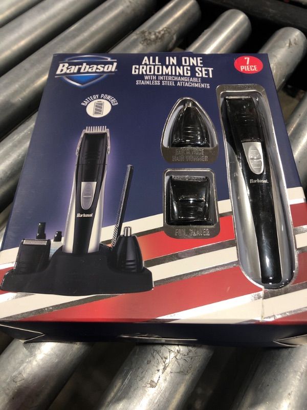 Photo 2 of Barbasol Portable Battery Powered All in 1, 7 Piece Beard Grooming Set with Ear and Nose Trimmer, Foil Shaver and Beard Trimmer with Stainless Steel Blades and Stand