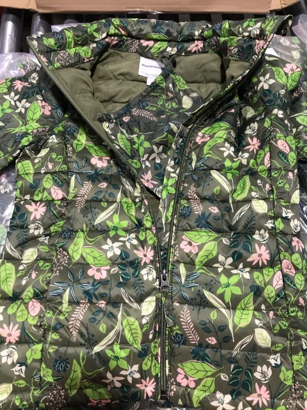 Photo 2 of Amazon Essentials Girls and Toddlers' Lightweight Water-Resistant Packable Mock Puffer Jacket Medium Green Floral