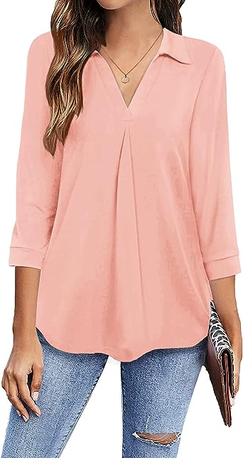 Photo 1 of (LARGE) Newchoice Womens Collared V Neck 3/4 Sleeve Shirts Business Casual Tops Loose Work Blouses