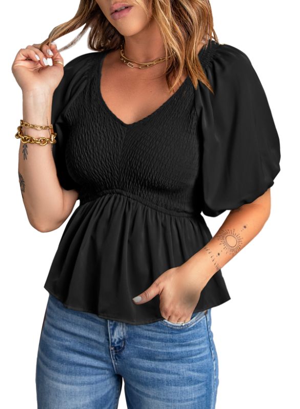 Photo 1 of (LARGE) Women's Puff Short Sleeve Peplum Top V Neck Smocked Blouses Dressy Shirt Babydoll Tops