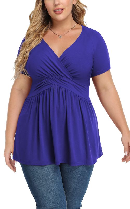 Photo 1 of (2X) Womens Plus Size Dressy Black Tops Wrap Shirt Short Sleeve Tunic Shirt V Neck Cute Blouse Royal Blue 2X