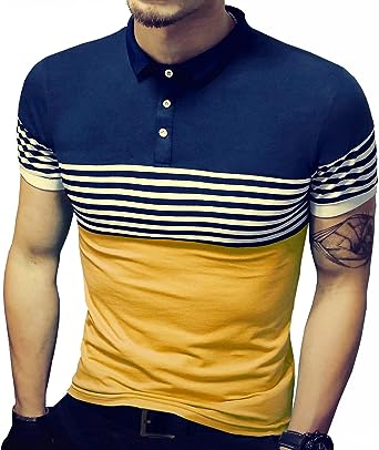 Photo 1 of (XL) LOGEEYAR Mens Summer Slim Fit Contrast Color Stitching Stripe Short Sleeve Polo Casual T-Shirts