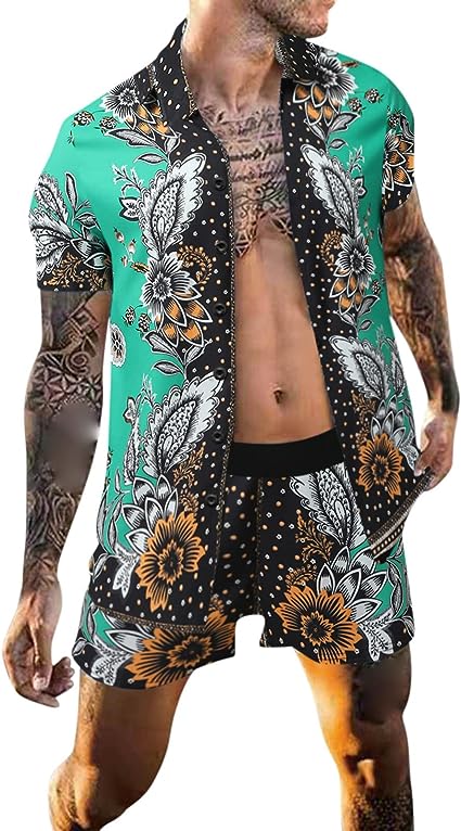 Photo 1 of (MEDIUM) Hawaiian Shirt Suits for Men, Cuban Beach Tropical Summer Outfits Casual Button Down Short Sleeve Shirt and Shorts Set