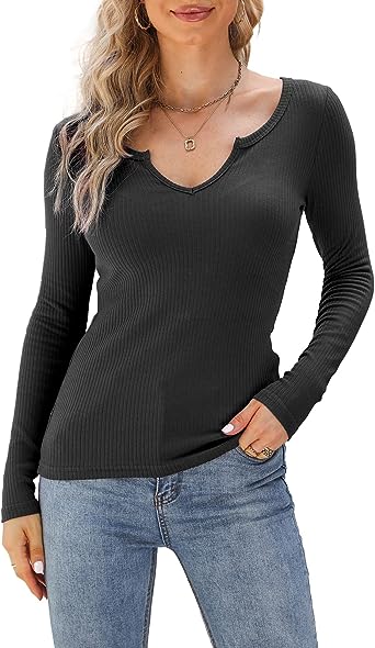 Photo 1 of (MEDIUM) Women Sexy V Neck Long Sleeve Tops Ribbed Shirt Casual Essentials Basic Layer Tee Tops
