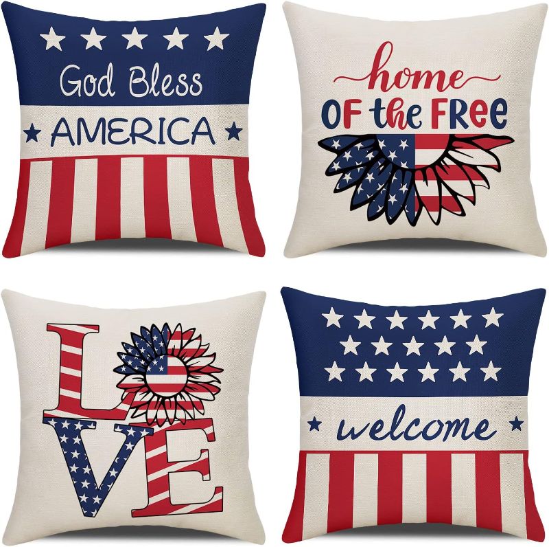 Photo 1 of 4th of July Decorations Outdoor Pillow Cover 18x18 Set of 4, Patriotic Throw Pillows Covers Fourth of July Pillow Covers for Home Pillow Cases Farmhouse Decorative Pillow Covers for Sofa Bedroom Couch 