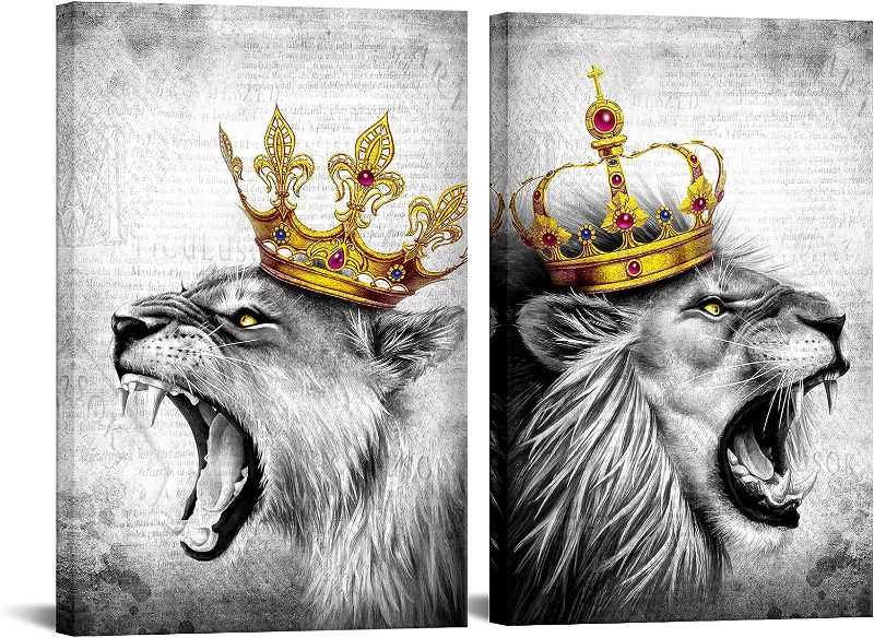 Photo 1 of 
DuoBaorom 2 Pieces Set Lion King Wall Art Lion and Lioness with Crown Grey and Gold Animal Romantic Artwork Stretched and Framed Ready to Hang for Bedroom Office Home Decor 16x24inchx2pcs
