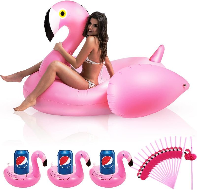 Photo 1 of 25 Pcs 6.3ft Flamingo Pool Float Floating Cup Holder Straws Set, Giant Flamingo Swimming Pool Floatie Lounge Floating Raft and 12 Pcs Float Coasters Inflatable Drink Holder 12 Pcs Flamingo Paper Straw
