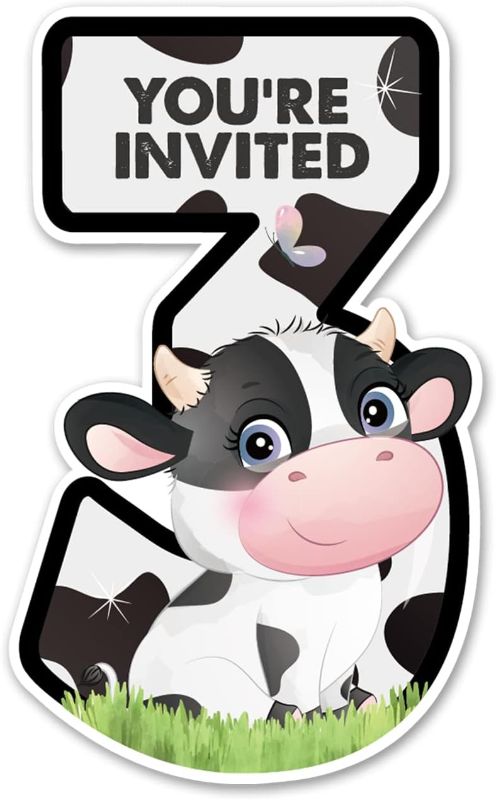 Photo 1 of 20 Cow 3rd Birthday Party Invitations with Envelopes Double Sided Farm Cow Shaped Fill-in Invitations Invites for 3 Year Old 