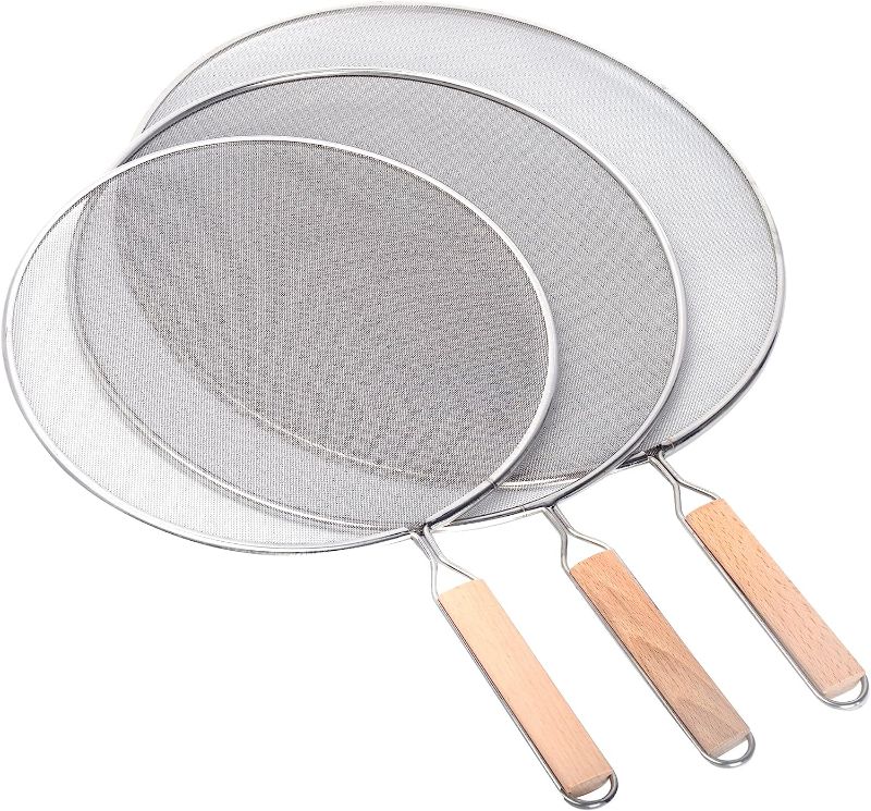 Photo 1 of 3 Pieces Grease Splatter Screen for Frying Pan, Splatter Guard Mesh Stainless Steel Grease Guard Shield for Kitchen Frying Pan Cooking Supplies Set of 9.8", 11.5" and 13" inch (Wood Handle)

