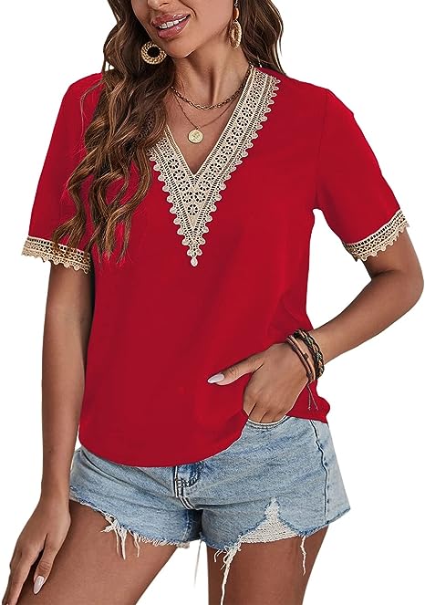 Photo 1 of Beisinuo Women‘s Boho Short Sleeve Tops Tribal Lace Trim V Neck T Shirts Blouses Casual Tee Tunic Tops / SIZE LARGE 