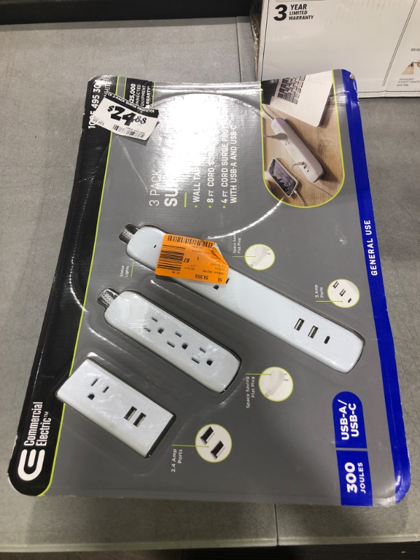 Photo 2 of Commercial Electric 3 Pack Surge Kit with USA-A and USB-C Ports - 300 Joules - 5 AMP USB Total - Flat Plug for Tight Spaces - 4ft Braided Power Cord