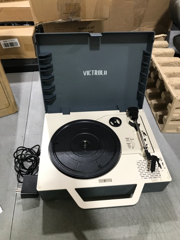 Photo 2 of Victrola Re-Spin Sustainable Suitcase Vinyl Record Player, 3-Speed (33 1/3, 45 & 78 RPM), Belt-Driven Bluetooth Turn Table with Built-in Bass Radiator, 3.5mm Headphone Jack, Gray Gray Re-Spin